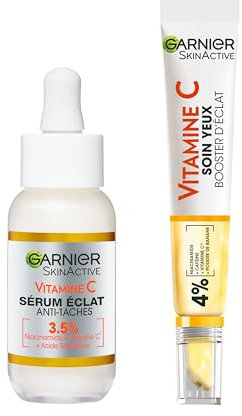 Garnier - Routine éclat quotidien enrichie en Vitamine C - Sérum Anti-Taches Brunes Acide Salicylique et Niacinamide - Soin Yeux Anti-Cernes & Anti-Ridules Niacinamide - Tous Types de Peau