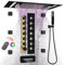 GETSHOWERSET Wall Mounted Concealed Shower System with 6pcs Body Jets and Up/Down Spout, Brass Thermostatic Shower Mixer Set with LED Large 3 In 1 Modes 14x20inch Rainfall Shower Head and Spray, Black