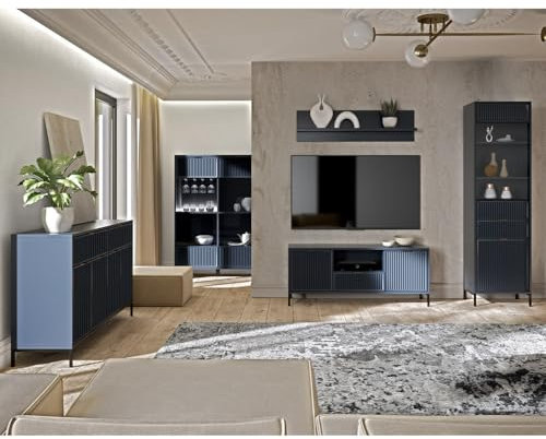 Lomadox Wohnzimmer Set Wohnwand Anbauwand Indigo blau modern 5-teilig Sideboard Vitrine Wandregal Lowboard Highboard