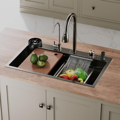 SIRHONA Évier de Cuisine Multifonctionnel Cascade, Évier de Cuisine en Acier Inoxydable Nano Noir Avec Robinet de Poisson Volant Rétractable, Fonctionnement Silencieux(75x45 cm)