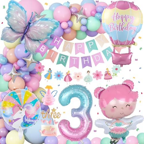 SIMSPEAR Einhorn Geburtstagsdeko 3 Jahre Mädchen, Schmetterlingsballon 3 Jahr Geburtstagsdeko, Einhorn Party Deko für Geburtstags Pastell Luftballons Girlande, Folienballon 3 und Schmetterling Deko