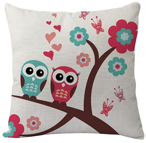 Kissenbezug 40x40 Eule Rosa Grün Kissenbezüge Leinen Waschbar Kissenbezug Outdoor Dekokissen Cushion Cover mit Reißverschluss Kissenhüllen für Sofa Wohnzimmer Garten Deko Kissen