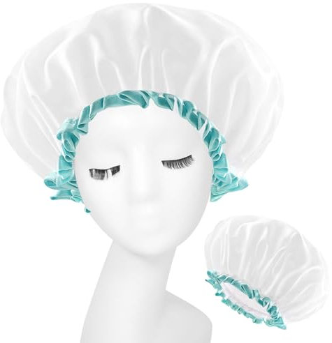 White Shower Cap, Washable Hair Caps for Women and Girls, Stylish Hair Bonnet with Elastic Band, Extra Large Double-layered Bath Caps for Thick Hair