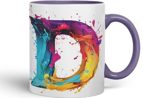 Vixar Letter D Mug, Alphabet Letter D Monogram Watercolour Ceramic Coloured Mug Cup for Tea Coffee Hot Brew 330ml 11Oz Gift (Purple)