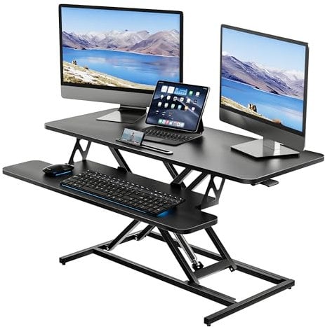 ERGOMAKER Height Adjustable Standing Desk Converter - 101cm (40 Inch) Wide Platform Tabletop Workstation - Quick Sit to Stand Desk Riser for Dual Monitors Black