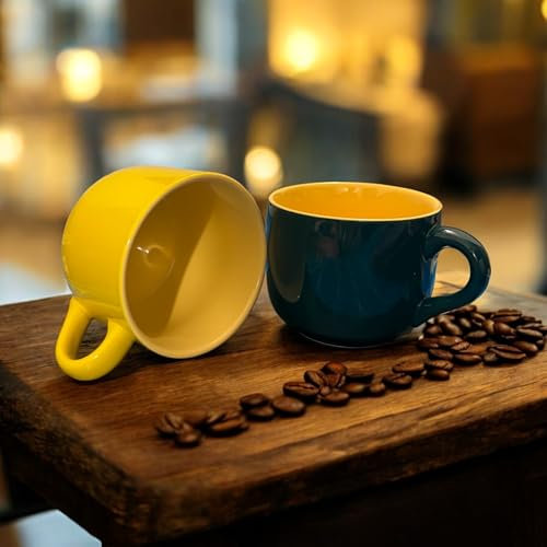 Set de 2 tazas desayuno Tazones De Sopa De Cerámica Taza De Café Grande, Tazas De Sopa Con Asa Apto Para Microondas Y Lavavajillas Para Cereal Postre Ensalada Té Leche de 600ml (amarillo/azul)