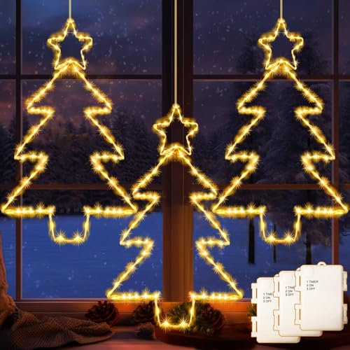 Yowin Estrella Navidad Exterior 3 Piezas 45 LED Luces Ventana a Batería Con Temporizador, Impermeables Adornos Para Ventana Balcón Hogar Interior Decoración - Blanco Cálido