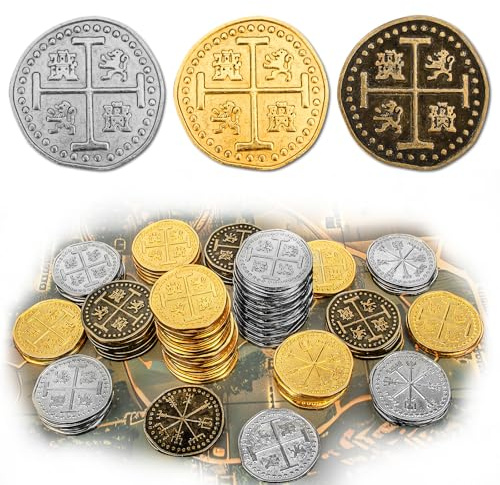 Byhoo 36 Pcs Metall Piraten Token Münzen Set, Realistische Schatz Spanisch Währung Münzen für Piraten Schatztruhe Schatzsuche Cosplay Spielzeug Brettspiel