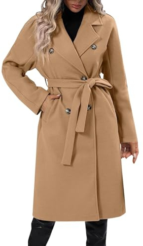 Wintermantel Damen Lang Elegant Wollmantel Damen Winter Revers Tweed Jacke Zweireihiger Mantel Mit Gürtel Übergangsjacke Frauen Lässiges Trenchcoat Taschen Winterjacke Warm Slim Fit Outwear