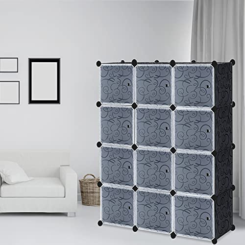 UISEBRT Kleiderschrank Regalsystem 12 Würfel DIY Garderobenschrank Kunststoff Schlafzimmerschrank Steckregal mit Tür und Schuhschrank für Kleidung Bücher Spielzeug - 105x35x140cm Schwarz