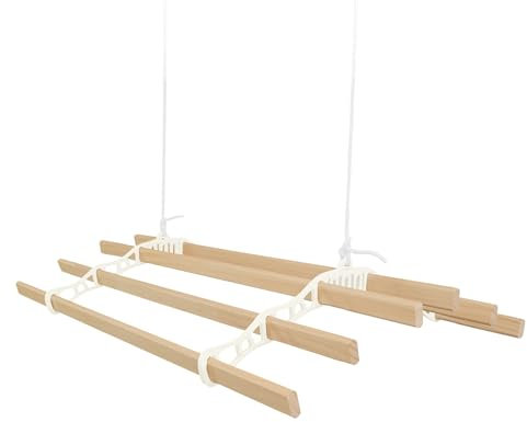 Clothes Airer Ceiling Pulley 6 Lath 1.4m Ivory Maid Traditional Mounted Clothing Dryer Victorian Clothes Horse Laundry Drying Rack Extendable Cast Iron Varnished Pine Kitchen Utility FREE Fixing Kit