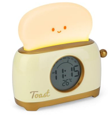 Cute Toast Lamp LED Night Light, USB Bedside Lamps Rechargeable Kids nightlight Multifunctional Dimmable Toaster Light Kids Alarm Clock with Time, Week, and Temperature Display Cute Room Decor