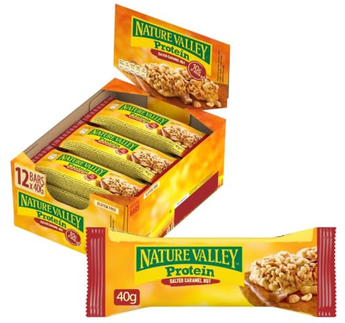 NATURE VALLEY Protein Nussriegel | Salzkaramell & Nuss | 12 x 42g Riegel | 10g Protein je Riegel | Mit Erdnussbutter | Sojaprotein | 12er Karton | Praktischer Snack für aktive Tage, Sport & unterwegs