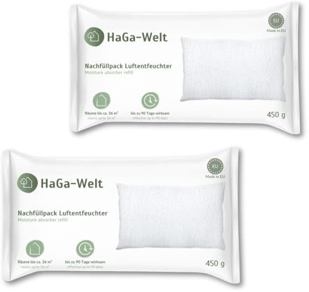 HaGa® Nachfüllpack für Luftentfeuchter – Raumentfeuchter ohne Strom für ein gesundes Raumklima bis 36 m² – 2x Nachfüllpack Granulat-Kissen aus Calciumchlorid