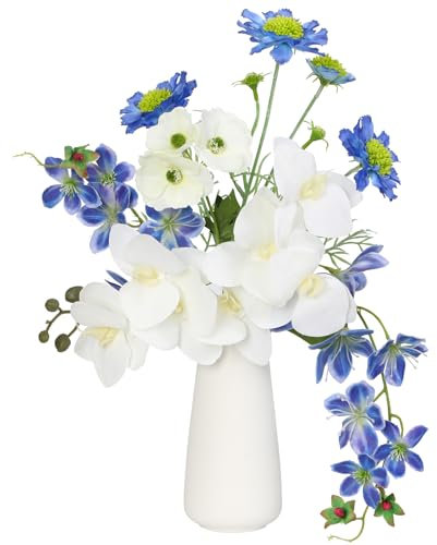 Veryhome Artificial Flowers in Vase, Faux Flowers with Vase Fake Orchid Bouquet for Table Centerpiece Decorations Wedding, Party Office Bathroom Dining Kitchen Home Decor(White)