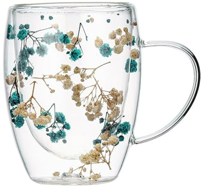Besreey Tasse en verre à double paroi - 350 ml - Fleurs séchées - Tasse à café isotherme en verre avec poignée - Fleurs séchées