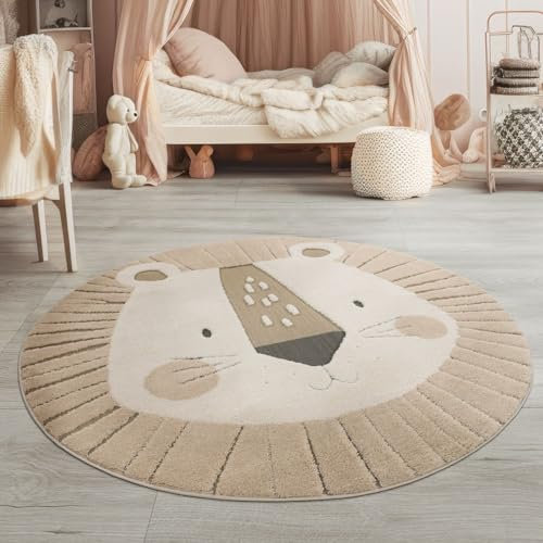 TT Home Kinderteppich Rund 120/160 cm, Spielteppich Erdtöne, 3D Design Löwen, Robust & Modern für Jungen und Mädchen, Größe:120 cm Rund