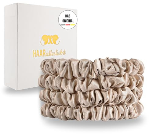 HAARallerliebst® 4er-Set 100% dünne Seide Scrunchie Haargummis mit Pappschachtel, Haargummi für jeden Tag, Haarpflege Scrunchies, ohne Haarschäden (beige, dünn)