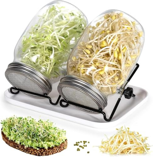 Sprossen Keimglas 2er Set x 1000ml,keimgläser für Sprossenglas Sprouting jar mit Deckeln und Wasserschale,Filtergitterabdeckungen aus Edelstahl 304 und 2 Ständer,für Alfalfa Brokkoli Mungobohnen