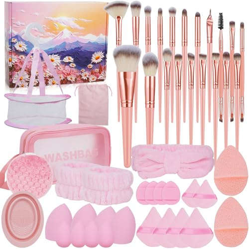 47 Stück Pinselset Make up Tools Set | Makeup Schwamm Puderquaste, Reinigungsmatte, Kosmetiktasche,Haarband (M)