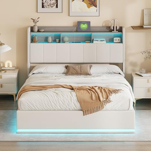 WOBOPCG Polsterbett Doppelbett 140x200,Hydraulisch Stauraumbett mit LED Stauraumbett mit Lattenrosten Doppelbett mit Stauraum Funktionsbett Bett mit Stauraum (Weiß+Flanell, 140x200)