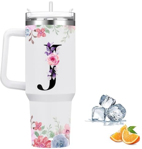 Botella Agua Termica Personalizada, Cool Bottles de Acero Inoxidable de 1.2 Litros, Termo Cafe para llevar con tapa y pajita, Copo Termico sin BPA, Letras de Moda, Regalos Originales para Mujer (J)