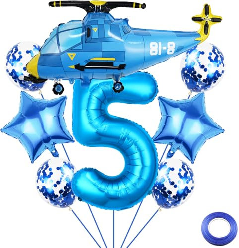 Liitata 5. Hubschrauber Geburtstags Party Deko Aeroplane Geburtstag Luftballon Set Blau Zahl 5 Folienballon Großes Hubschrauber Luftballon für Junge Geburtstag Party Deko