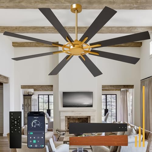 Depuley Grand ventilateur de plafond sans éclairage: Ventilateur de plafond d'extérieur de 72 pouces à 8 pales avec télécommande - Grand ventilateur noir et doré sans éclairage