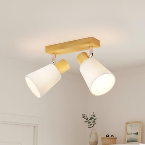 LVWIT 2-flammig LED Deckenstrahler Holz Vintage – schwenkbar 350° mit Stoffschirm, E14 holz Deckenlampe Strahler für Schlafzimmer, Küche, Wohnzimmer & Flur, Landhausstil– ohne Leuchtmittel