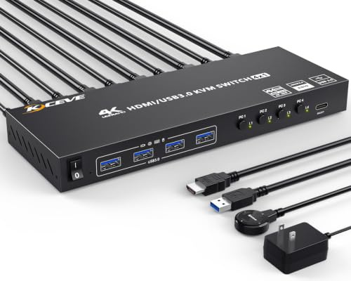 HDMI KVM Switch 4 Computers 1 Monitors 4K@60Hz, Simulation EDID, 4 in 1 out | 4 Port KVM Switch 4 PC Share 1 Monitor and Keyboard Mouse Printer, with Wired Remote, 4 USB 3.0 Cables, 12V Power Adapter
