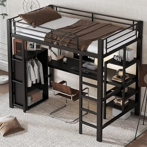 Yihomfy Lit Mezzanine avec Bureau 90x200 cm, Multifonctionnel Lit Loft avec Armoire, Bibliothèque, Échelle et Garde-Corps, Métal Noir (sans Matelas)