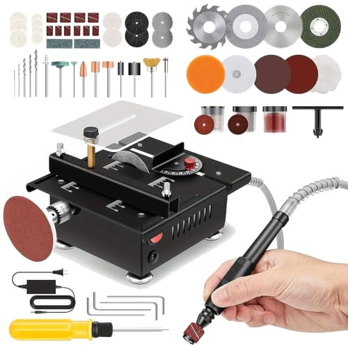 Mini Sega Circolare da Banco,Mini sega da tavolo,Mini sega circolare da tavolo,96W levigatrice a nastro 2-1,0~9°mm/15mm Taglio Regolabile,Velocità massima 9000r/min,per Artigianato e Lavorazione