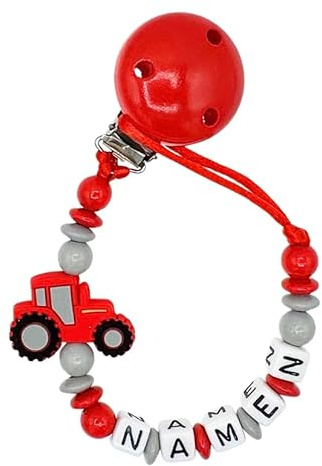 Nuckelkette mit Namen  TRAKTOR  Rot Hellgrau/Baby/Unisex/Personalisiert/HANDMADE