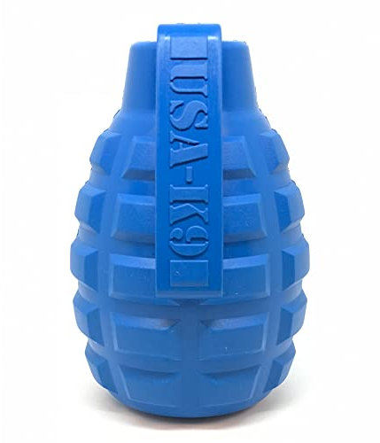 SodaPup USA-K9 Dog Toy - Natural Rubber Grenade Shaped Dog Chew Toy - Treat Dispenser - Slow Feeder - for Heavy Chewers - Made in USA (Medium, Blue)