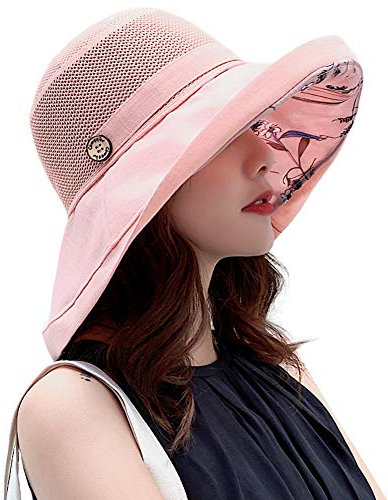 Chapeaux de soleil en maille pour femme - Protection UV UPF - Pliable - Large bord - Mentonnière, rose, Taille M