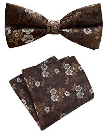 Herren Krawatte vorgebunden Fliege Set Luxus Blumenmuster Hochzeit Fliegen mit Einstecktuch Set, Braun, Einheitsgröße