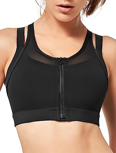 Yvette Starker Halt Sport BH Damen Vorderverschluss Doppelt Träger Große Brüste Fitness Laufen Joggen Bra,Schwarz,M Große Größen