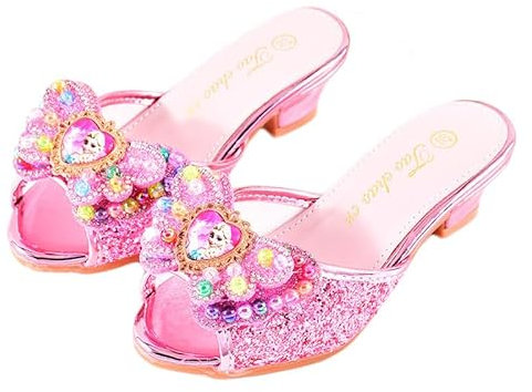 Monissy Frozen Principessa Elsa Mules Tacco Alto Pantofola Bocca di Pesce Paillettes Due Fiocchi di Pelle Elsa Distintivo Distintivo Perline Colorate con Intarsio di Cristallo Scarpe,Rosa,29