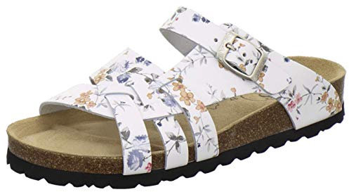 AFS-Schuhe 2122 Damen Pantoletten aus echtem Leder, hochwertige Hausschuhe für Frauen mit Eva-Sohle, Made in Germany (37 EU, weiß Flower)