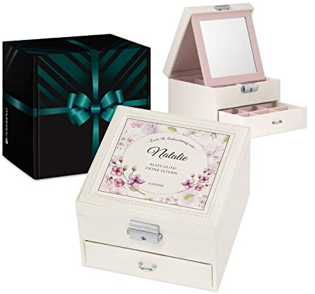 Maverton Schmuckkästchen mit Aufdruck - ink. Spiegel & Schublade - 16x16x11cm - Schmuckaufbewahrung - aus Kunstleder - Beige - Geschenk zum Geburtstag für Damen - Blumen