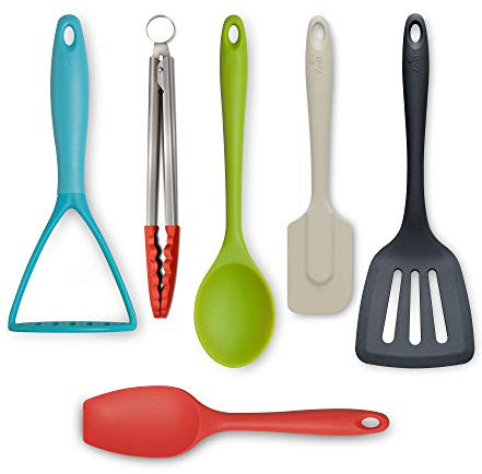 Zeal JSET46QB Non-Stick Silicone Turner, Tongs, Masher, Spatula Cooks Spoon 6-Piece Set-Bright Mix
