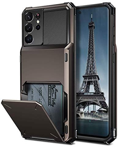 Coolden Compatible with Samsung S21 Ultra Case Wallet Case Shockproof 4 Card Pocket Protective Case Heavy Duty Flip Card Holder Phone Case Cover Compatible with Samsung Galaxy S21 Ultra (Gun Color)