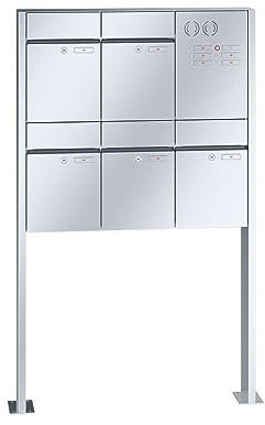 RENZ/Plan / 5er Freistehende Briefkastenanlage Standbriefkasten mit Sprechfeld / V4A-Edelstahl/Volumen 21 L/mit Fußplatten/Dein-Briefkasten.de