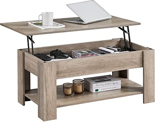 Yaheetech Couchtisch Kaffeetisch höhenverstellbar Wohnzimmertisch mit Ablagefach Sofatisch Beistelltisch Teetisch aus Holz Grau