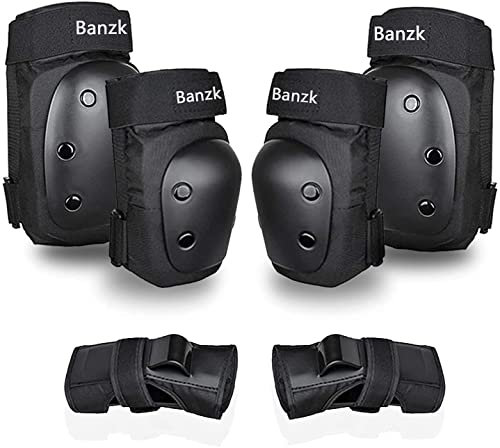 Banzk Rodilleras para adultos/niños, coderas, muñequeras, juego de equipo de protección 3 en 1 para patinaje, ciclismo, deportes al aire libre, color negro, talla XL