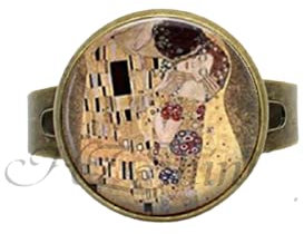 The Kiss Klimt Kameo Glaskunst, Bild, Ring, Foto, handgefertigter Schmuck, verstellbare Ringe, Geschenke für Mädchen