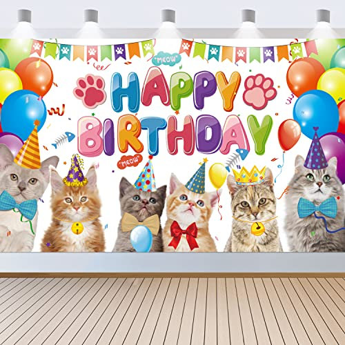 Katze Alles Gute zum Geburtstag Hintergrund, Dekorationen für Katzen Geburtstage Kätzchen-Fotografie-Hintergrund für Haustiere, Kitty-Liebhaber, Kinder, Katzen-Themen-Geburtstagsfeier-Zubehör