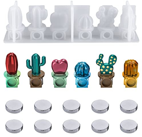 Rolin Roly Molde de resina epoxi de cactus mini plantas en maceta moldes de silicona con 10 imanes decorativos para refrigerador,moldes de fundición para manualidades