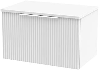 Hudson Reed DFF194W Fluted Modern Bathroom Wall Hung 1 Drawer Vanity Unit with Colour Match Worktop, 600mm, Satin White