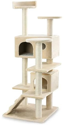 NYVI Katzen Kratzbaum Sammy 132 cm groß Beige - Deluxe Katzenbaum mit 2 Katzenhöhlen, 3 Plattformen und Sisal Kratz Säulen - Stabiles und Robustes Katzenhaus